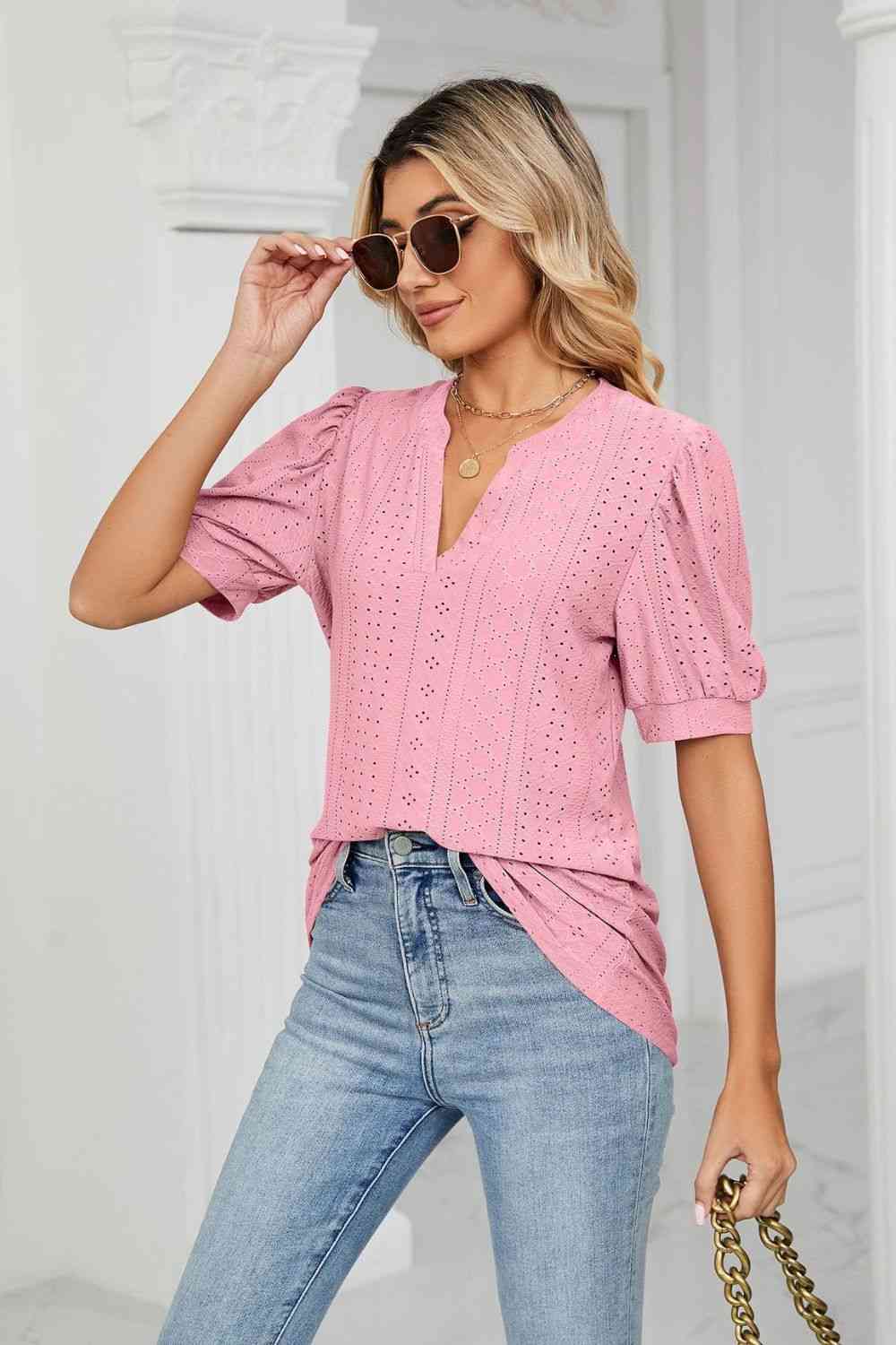 Eyelet Short Puff Sleeve Notched Neck Top (12 Colors) Krazy Heart Designs Boutique