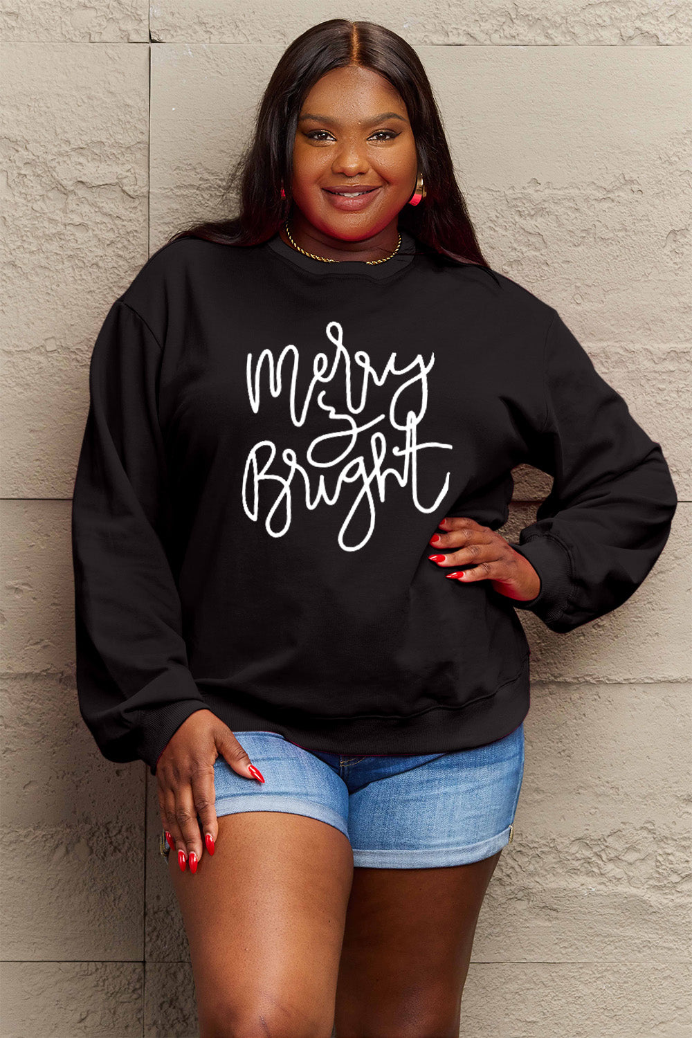 Simply Love Full Size MERRY AND BRIGHT Graphic Sweatshirt (3 Colors) Krazy Heart Designs Boutique