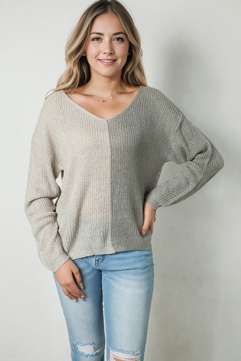 KHD Contrast Color V-Neck Long Sleeve Pullover Sweater (3 Colors) Krazy Heart Designs Boutique