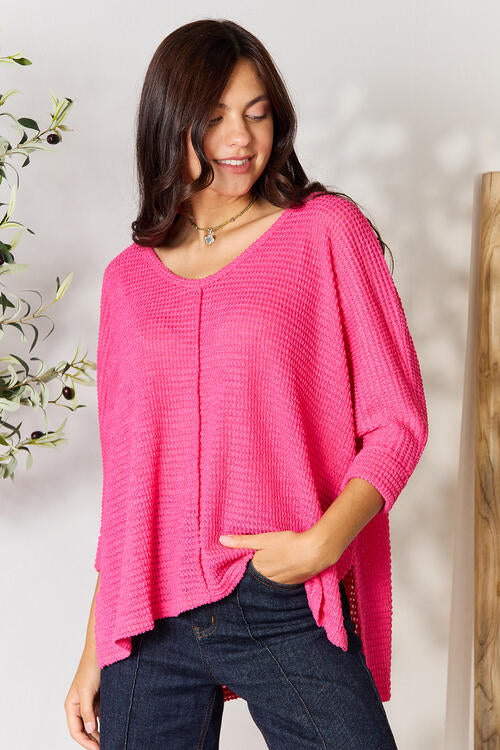 Zenana Full Size Round Neck High-Low Slit Knit Top Shirts & Tops Krazy Heart Designs Boutique