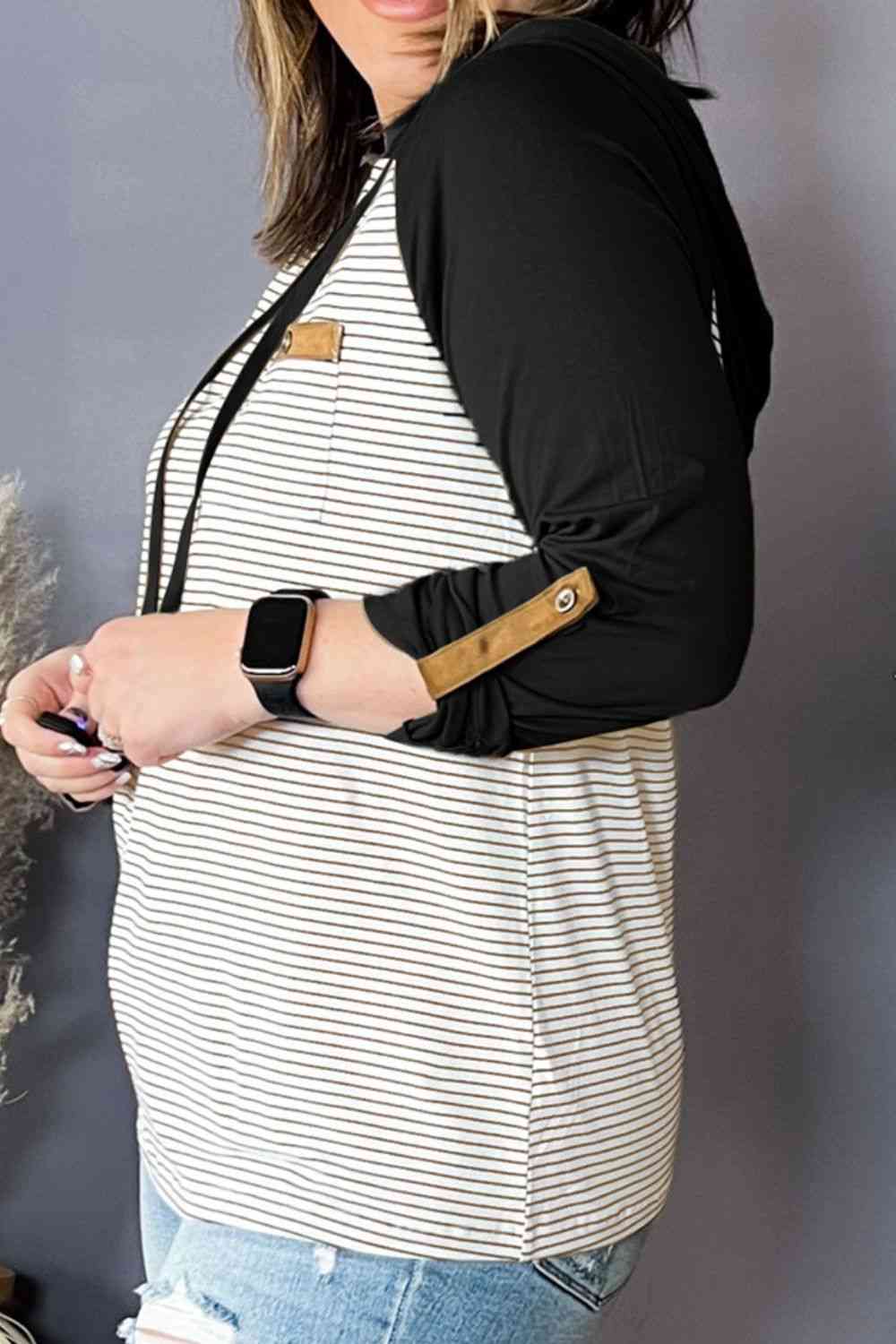 Plus Size Striped Drawstring Long Sleeve Hoodie Shirts & Tops Krazy Heart Designs Boutique Black 1XL