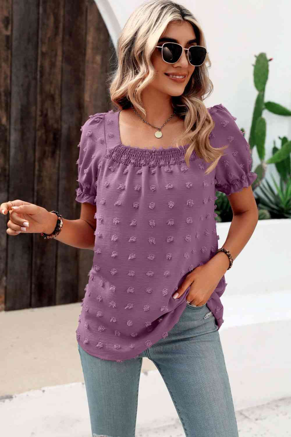 Swiss Dot Puff Sleeve Square Neck Blouse (6 Colors) Krazy Heart Designs Boutique Lilac S