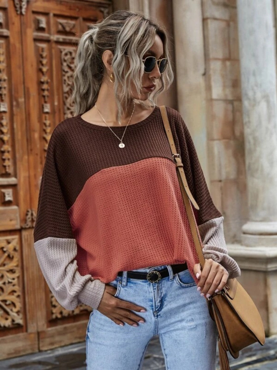 KHD Color Block Waffle-Knit Long Sleeve Top (3 Colors) Krazy Heart Designs Boutique Brick Red S