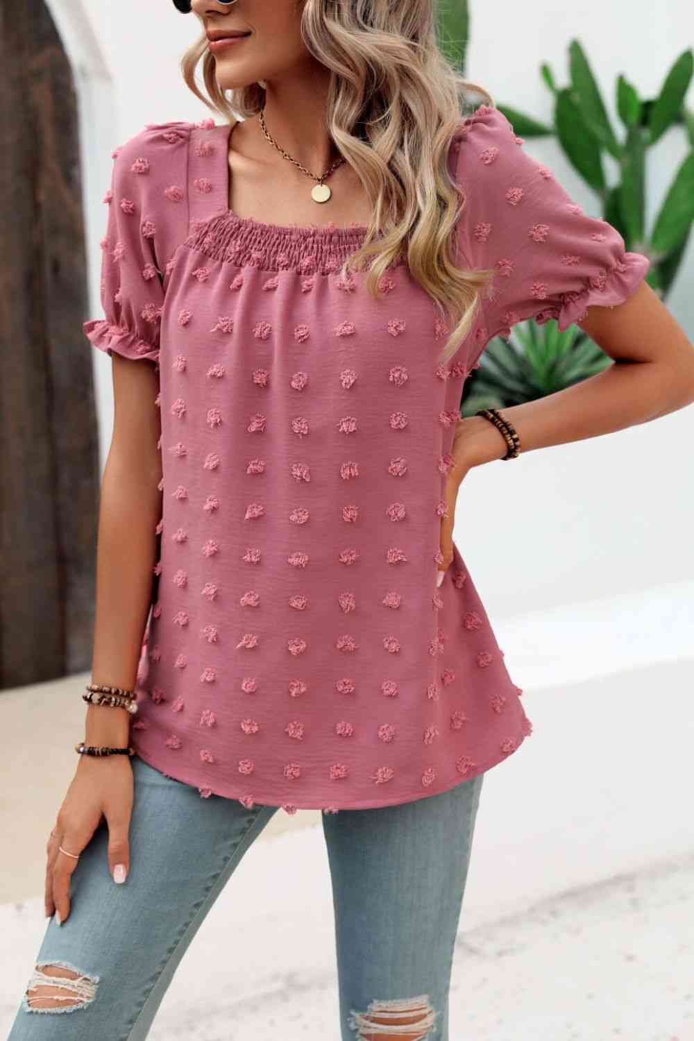 Swiss Dot Puff Sleeve Square Neck Blouse (6 Colors) Krazy Heart Designs Boutique
