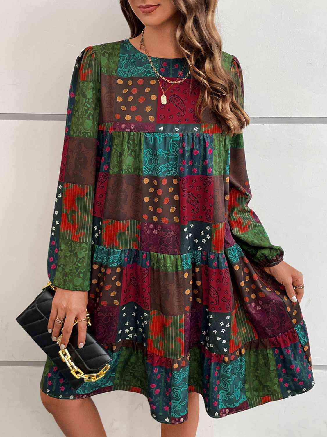 Patchwork Round Neck Long Sleeve Dress Krazy Heart Designs Boutique Multicolor S