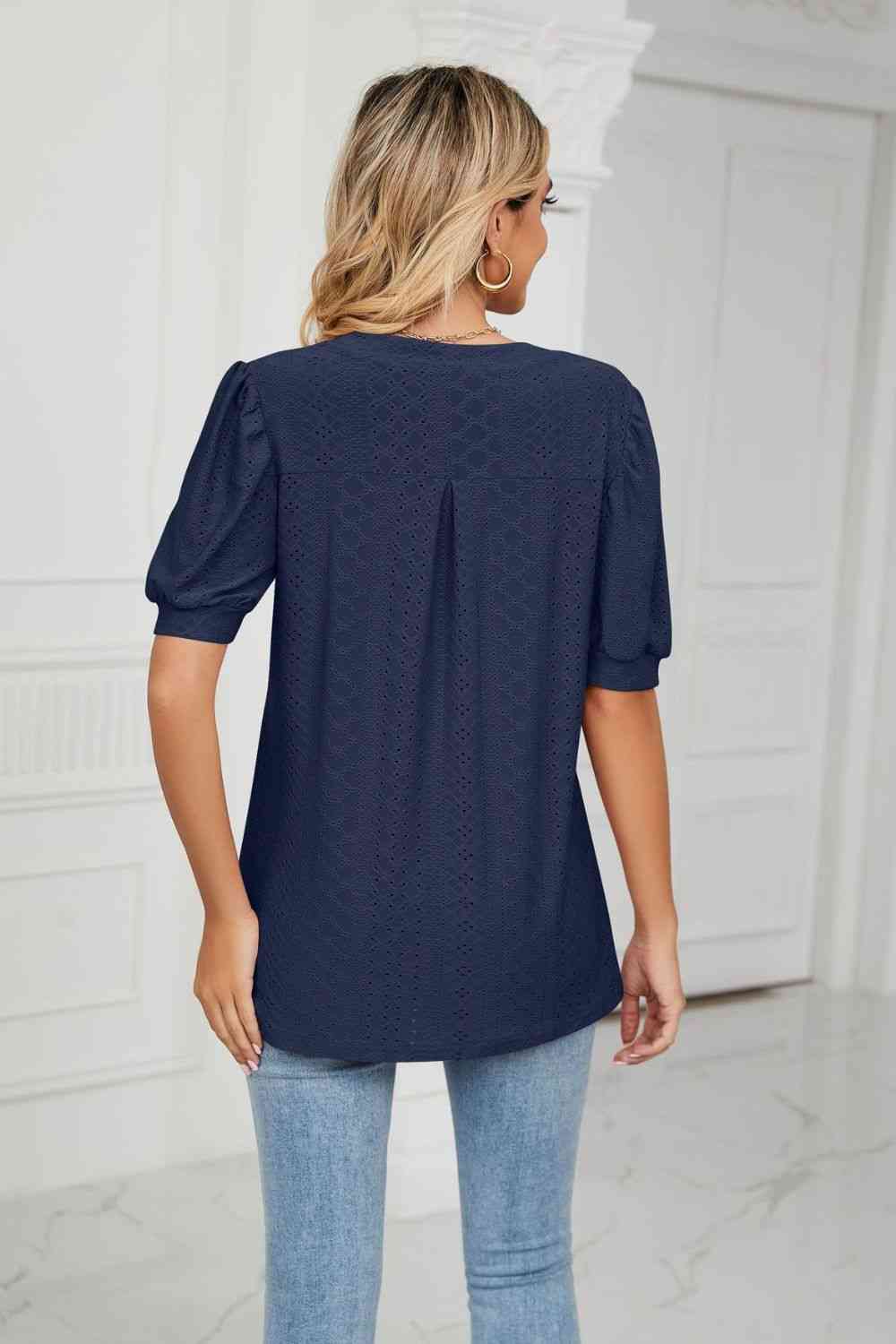 Eyelet Short Puff Sleeve Notched Neck Top (12 Colors) Krazy Heart Designs Boutique