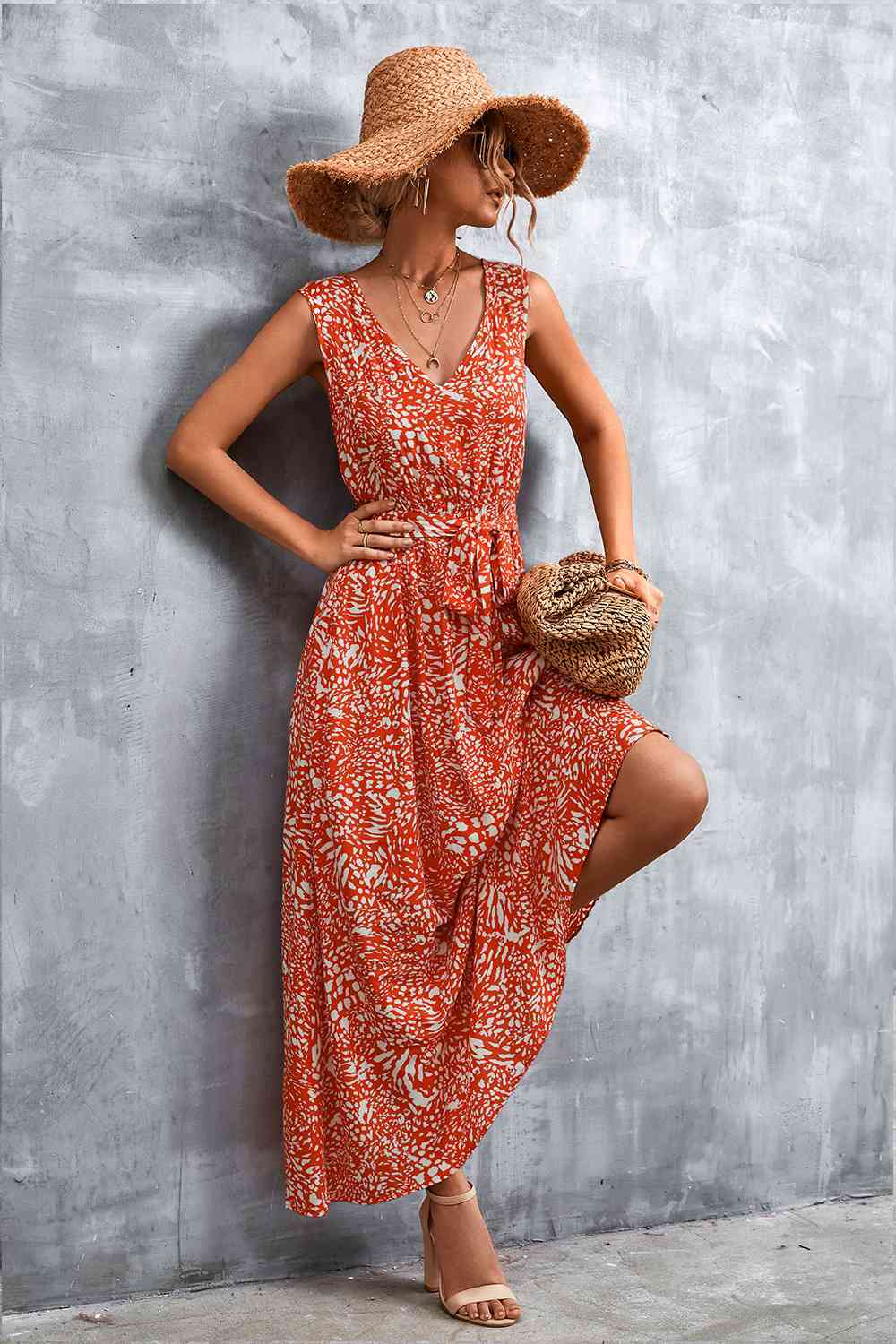 Printed V-Neck Tie Waist Maxi Dress (3 Colors) Krazy Heart Designs Boutique