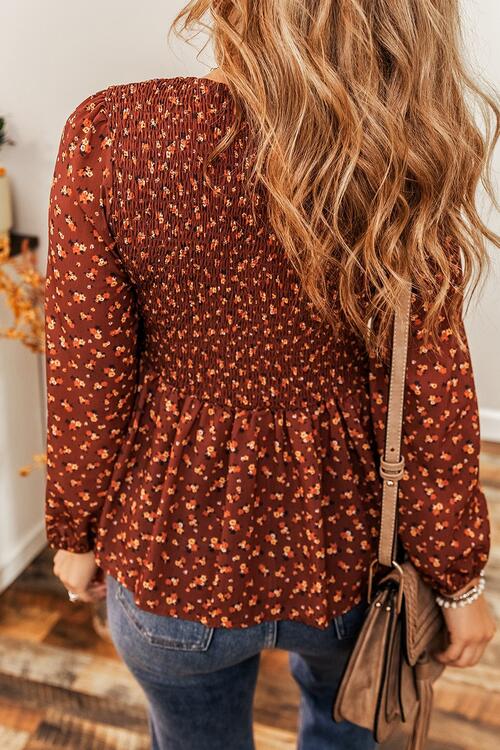 Floral Smocked Ruffle Hem Long Sleeve Blouse Shirts & Tops Krazy Heart Designs Boutique