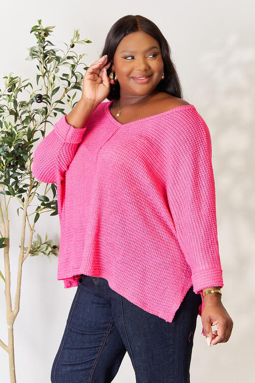 Zenana Full Size Round Neck High-Low Slit Knit Top Shirts & Tops Krazy Heart Designs Boutique