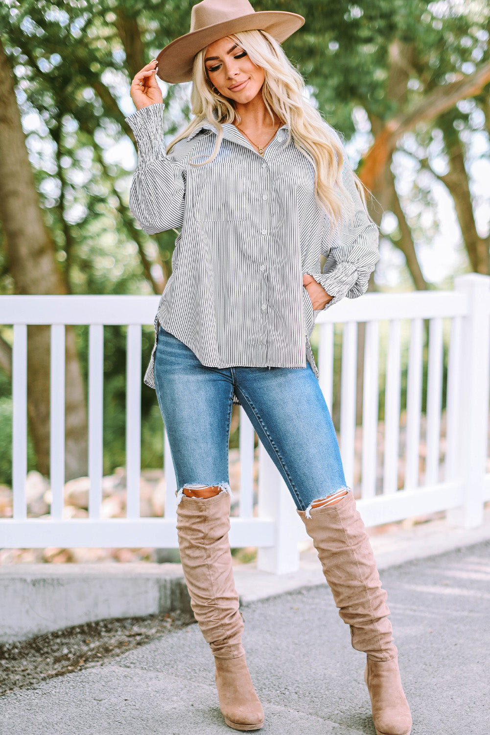 Striped Lantern Sleeve Collared Shirt (3 Colors) Krazy Heart Designs Boutique