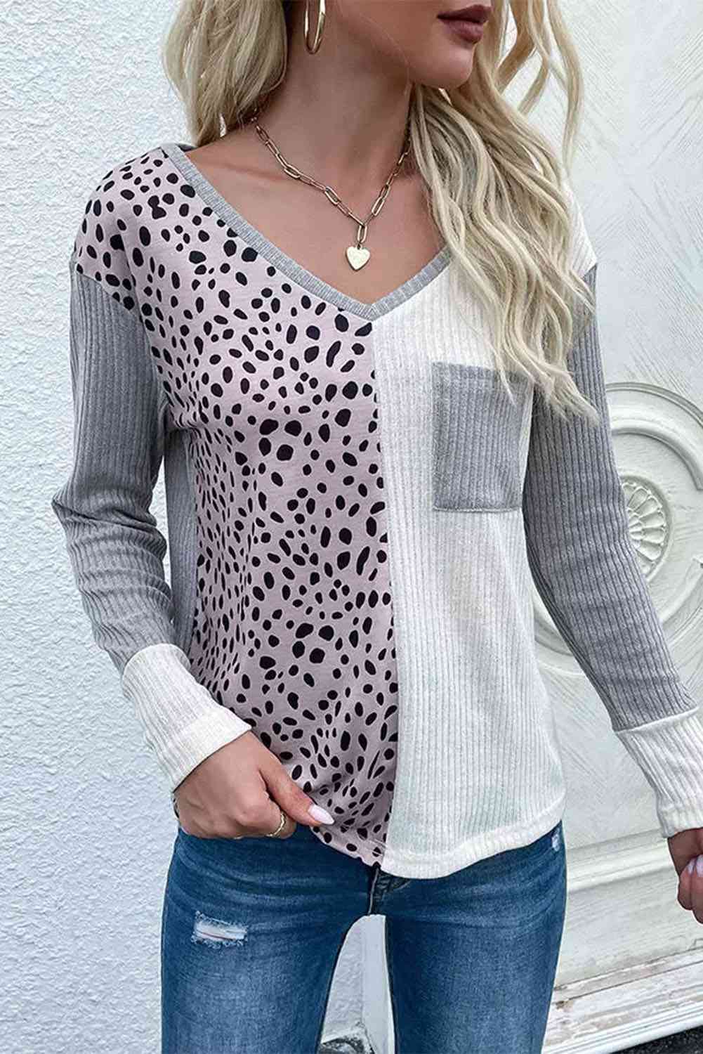 Color Block V-Neck Ribbed Top with Pocket Shirts & Tops Krazy Heart Designs Boutique