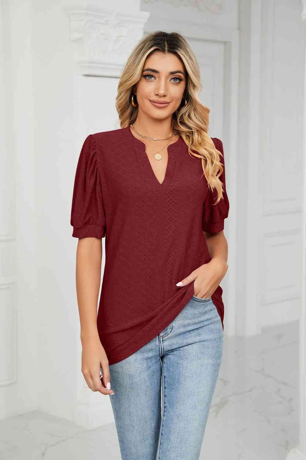Eyelet Short Puff Sleeve Notched Neck Top (12 Colors) Krazy Heart Designs Boutique Wine S
