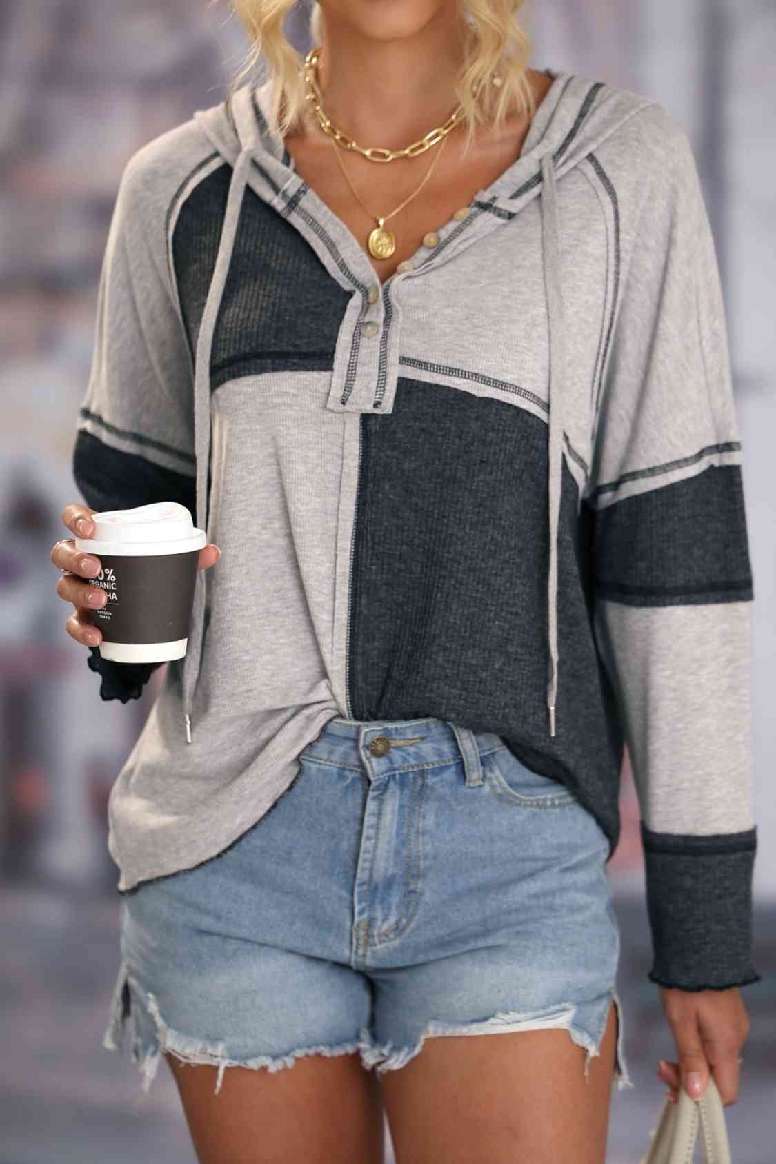 Exposed Seam Color Block Hoodie with Drawstring (2 Colors) Krazy Heart Designs Boutique Charcoal S