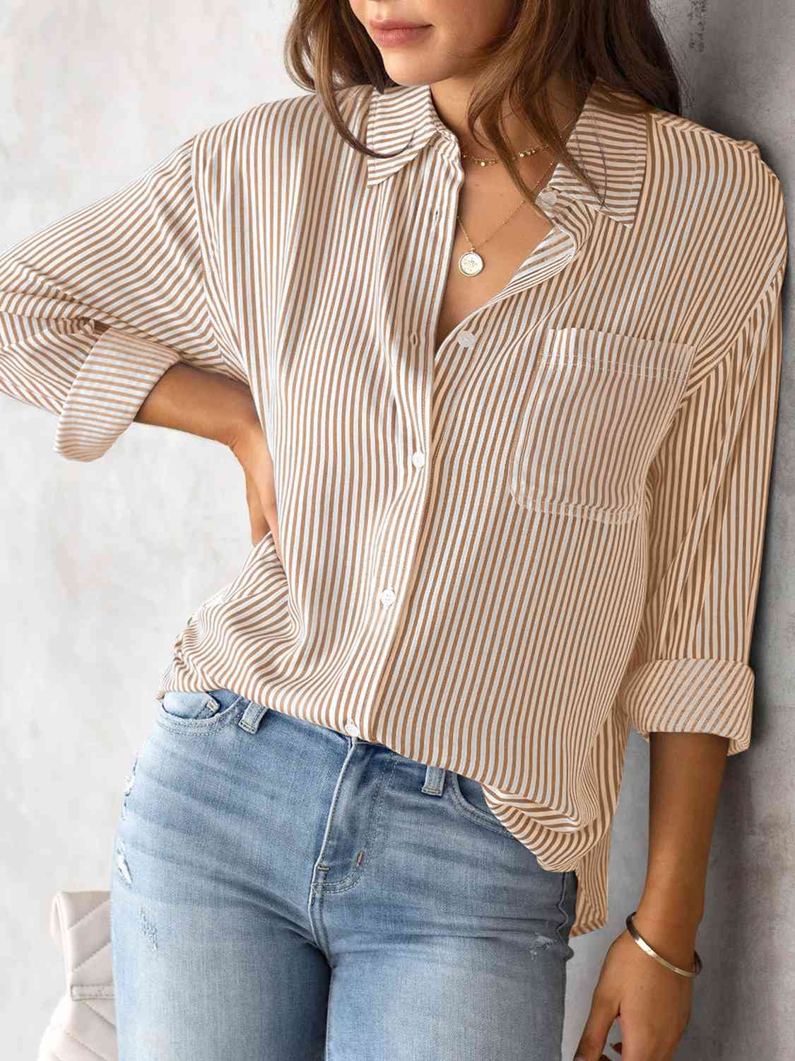 Striped Collared Neck Shirt with Pocket (5 Colors) Krazy Heart Designs Boutique