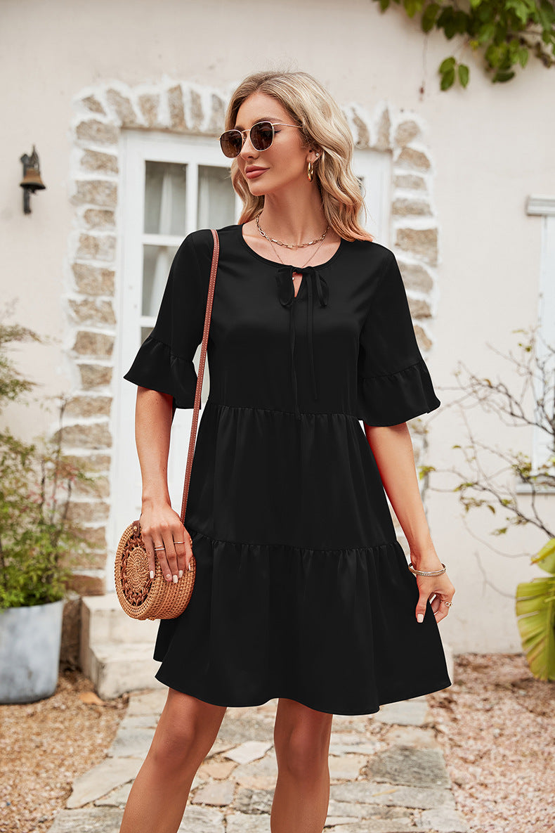 Ruffle Trim Tie Neck Flounce Sleeve Tiered Dress (3 Colors) Krazy Heart Designs Boutique Black S
