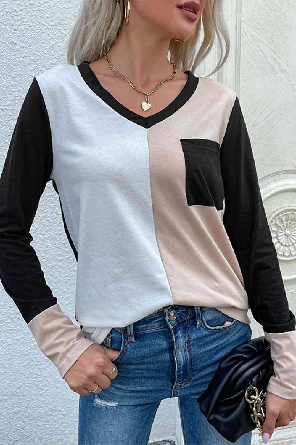 Spliced Long Sleeve Tee with Pocket Krazy Heart Designs Boutique