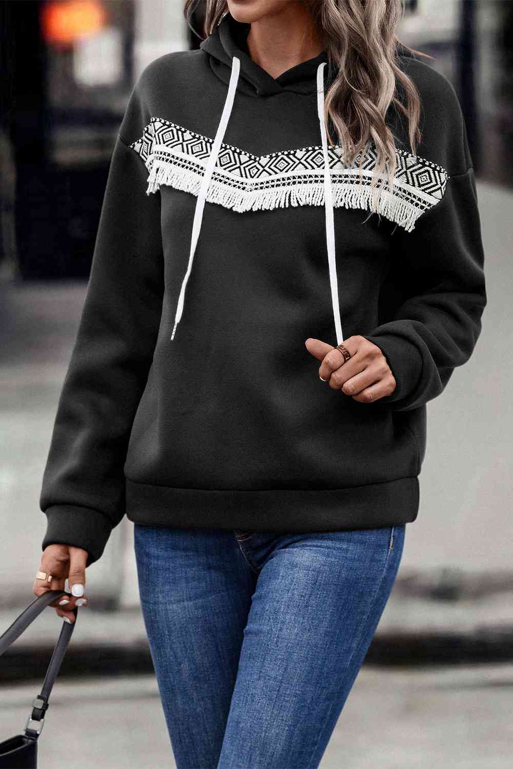 Contrast Color Fringe Detail Dropped Shoulder Hoodie (3 Colors) Shirts & Tops Krazy Heart Designs Boutique
