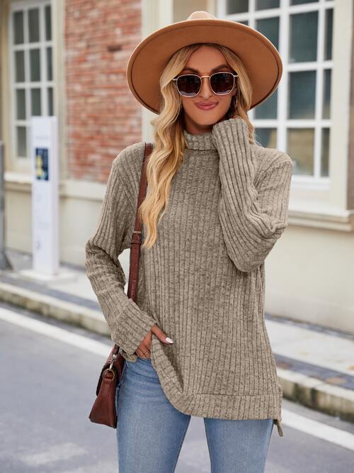 Ribbed Turtleneck Long Sleeve Slit Knit Top (8 Colors) Shirts & Tops Krazy Heart Designs Boutique Khaki S