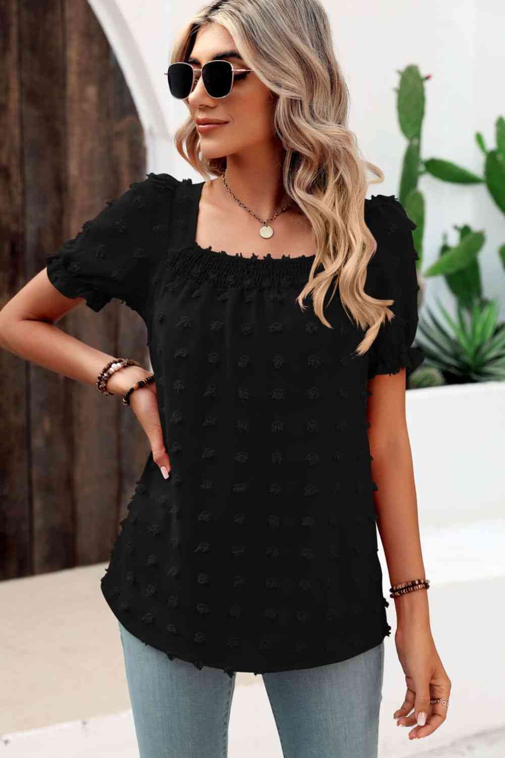 Swiss Dot Puff Sleeve Square Neck Blouse (6 Colors) Krazy Heart Designs Boutique