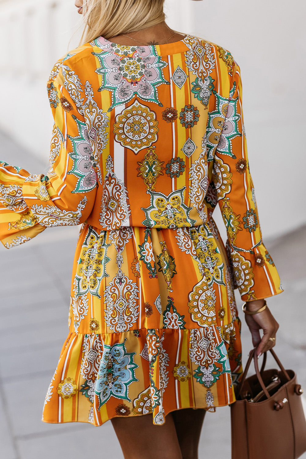 Printed Notched Neck Flounce Sleeve Dress Krazy Heart Designs Boutique
