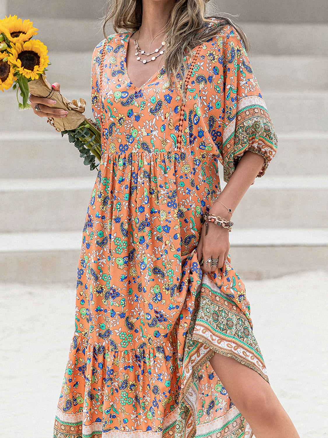 Bohemian Floral Printed V-Neck Short Sleeve Maxi Dress Krazy Heart Designs Boutique