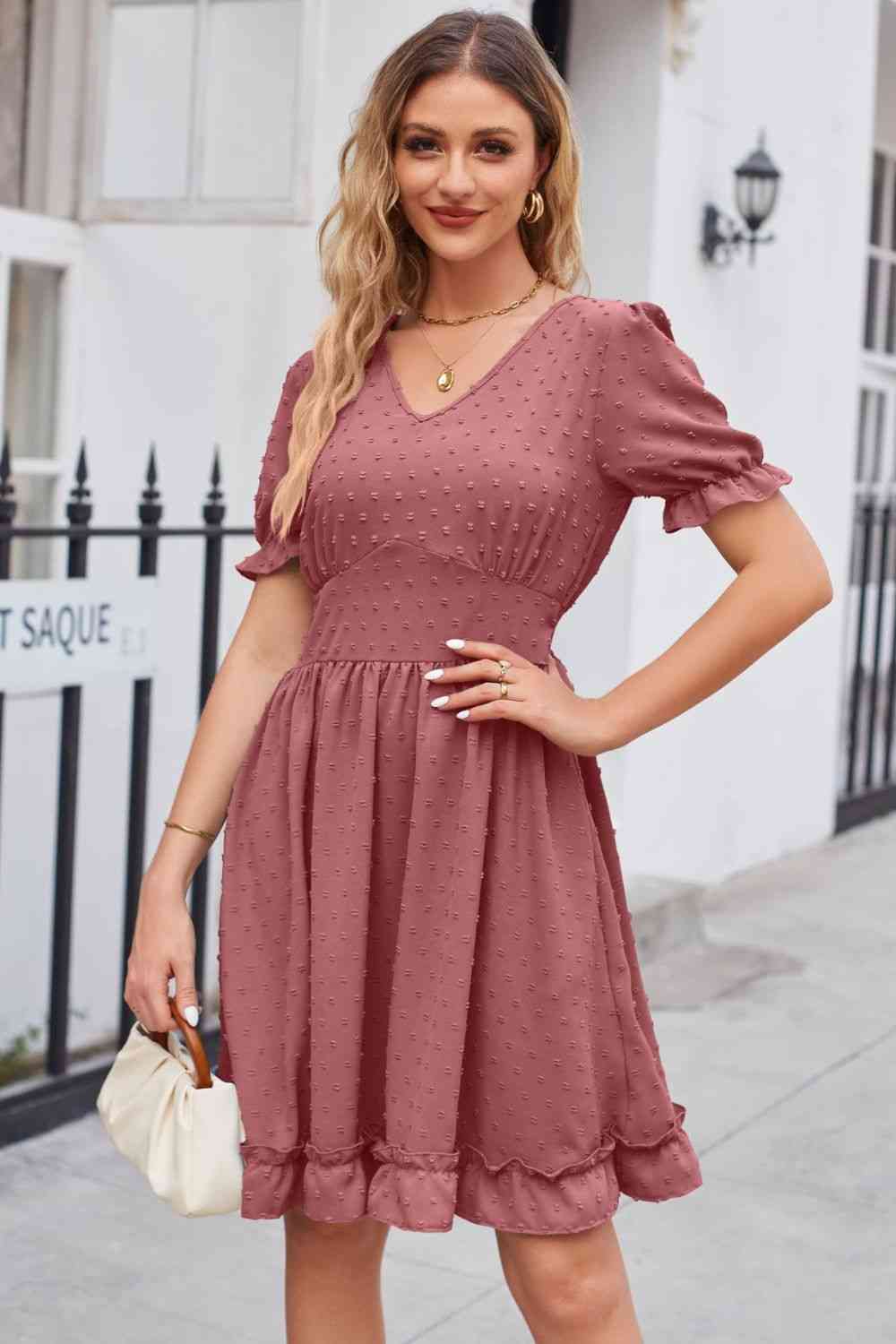 Swiss Dot Frill Trim Flounce Sleeve V-Neck Dress (5 Colors) Krazy Heart Designs Boutique Light Mauve S