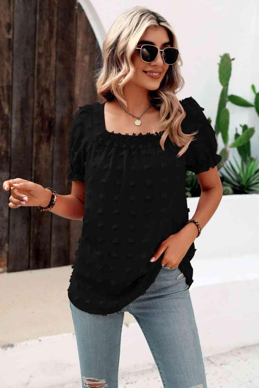 Swiss Dot Puff Sleeve Square Neck Blouse (6 Colors) Krazy Heart Designs Boutique Black S
