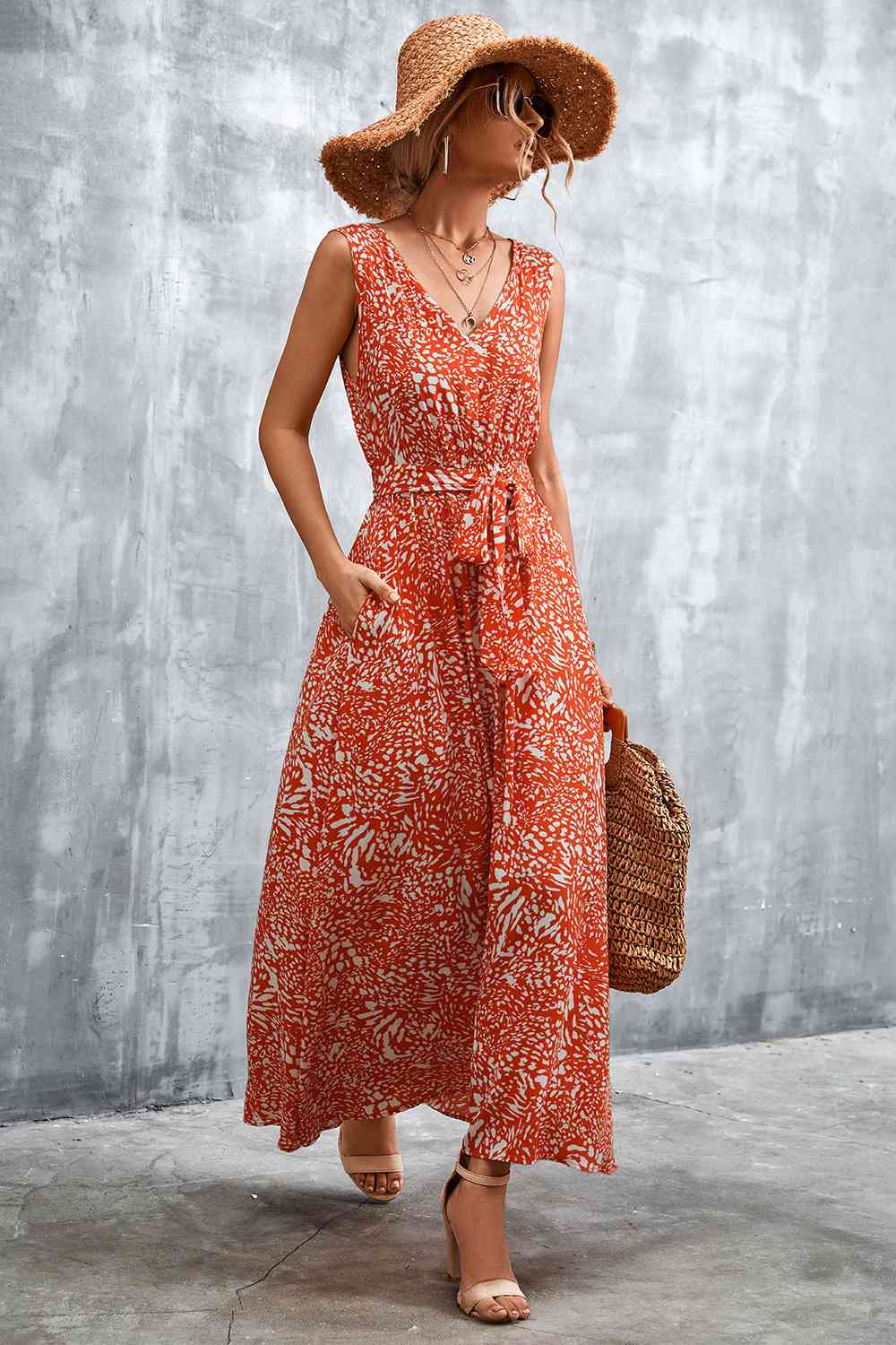 Printed V-Neck Tie Waist Maxi Dress (3 Colors) Krazy Heart Designs Boutique