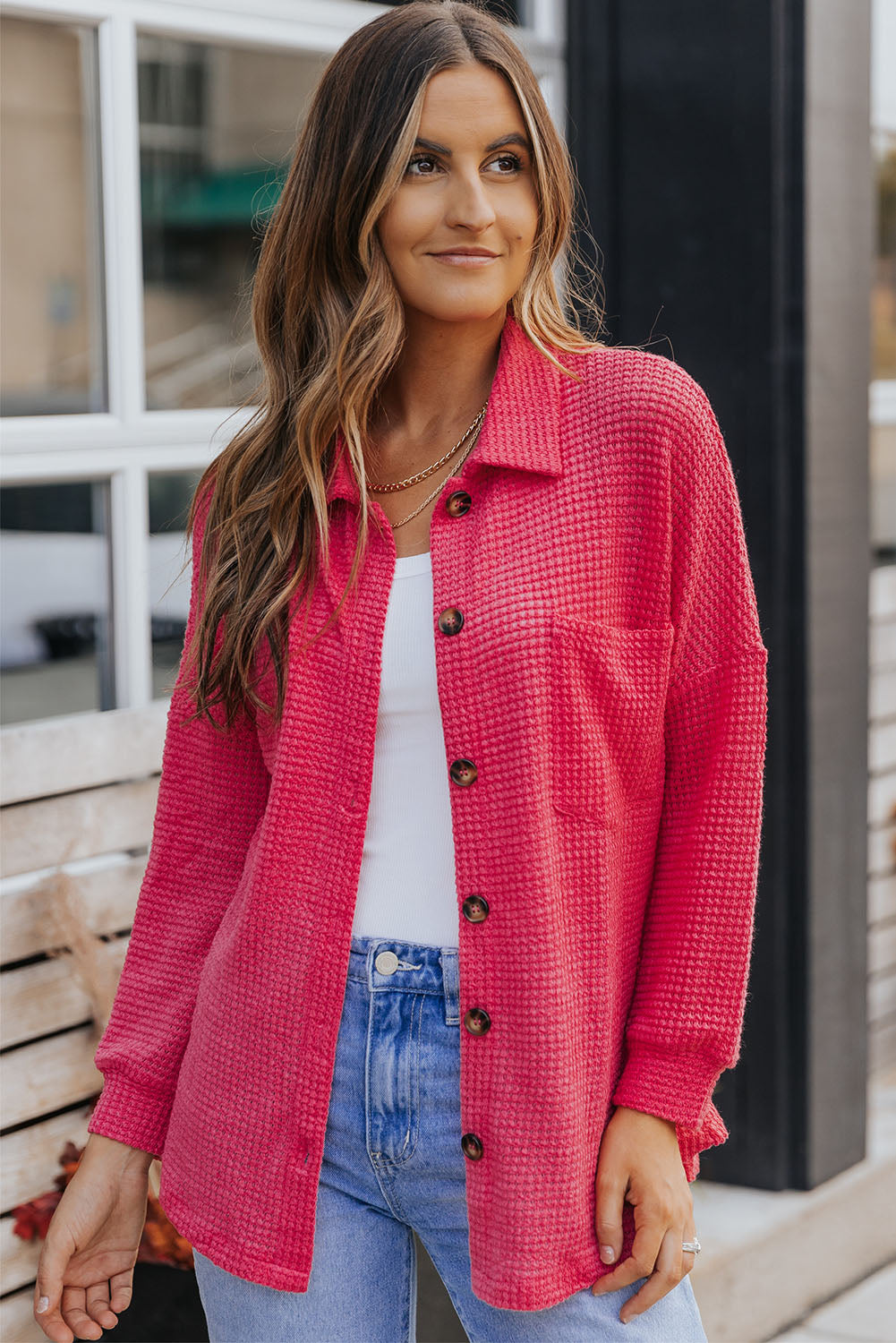 Waffle-Knit Collared Neck Dropped Shoulder Shirt (3 Colors) Krazy Heart Designs Boutique