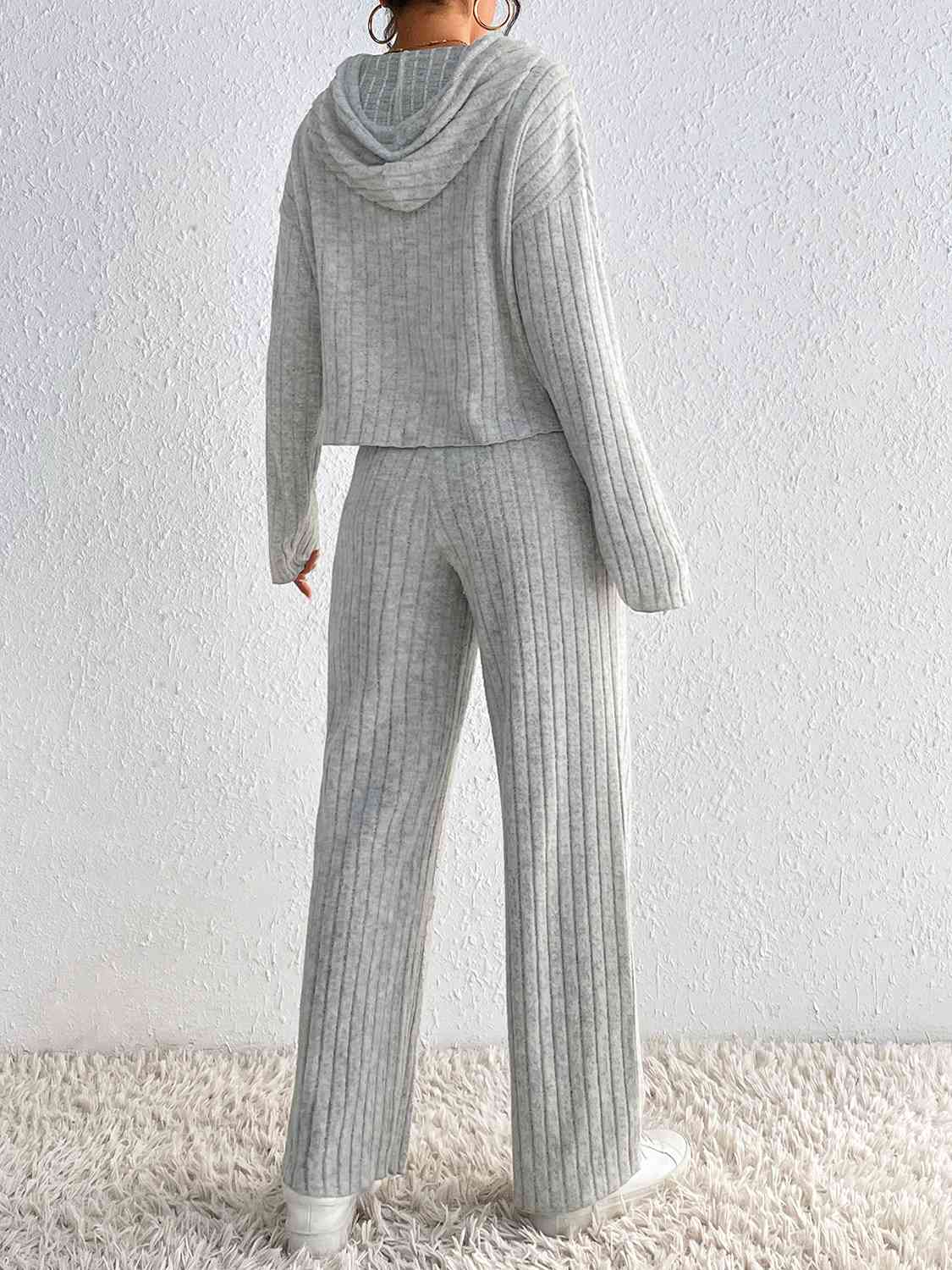Drawstring Ribbed Hoodie and Straight Leg Pants Set Outfit Sets Krazy Heart Designs Boutique