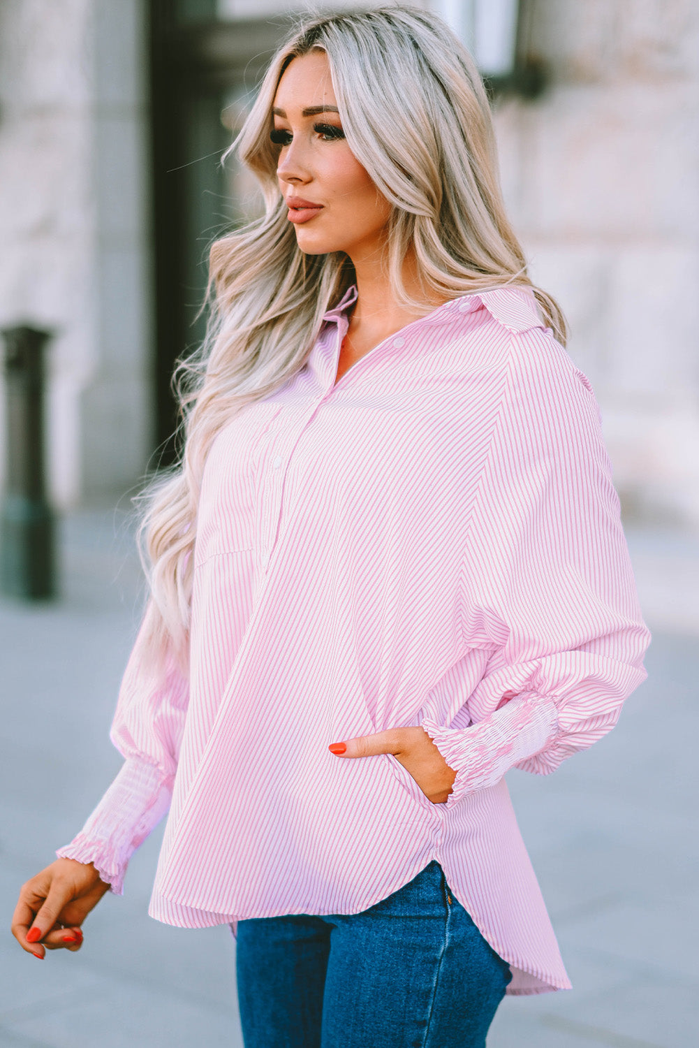 Striped Lantern Sleeve Collared Shirt (3 Colors) Krazy Heart Designs Boutique