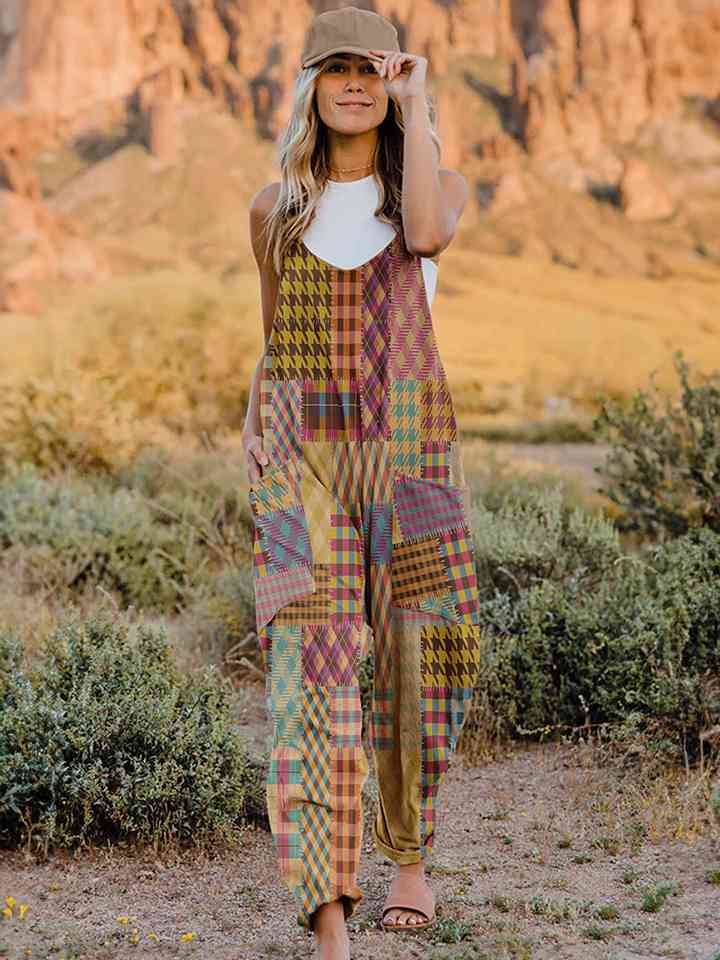 Full Size Printed V-Neck Sleeveless Jumpsuit (4 Colors) Krazy Heart Designs Boutique Camel S