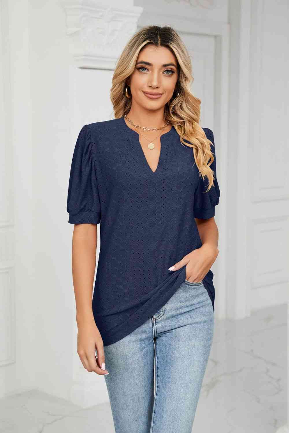 Eyelet Short Puff Sleeve Notched Neck Top (12 Colors) Krazy Heart Designs Boutique Dark Navy S