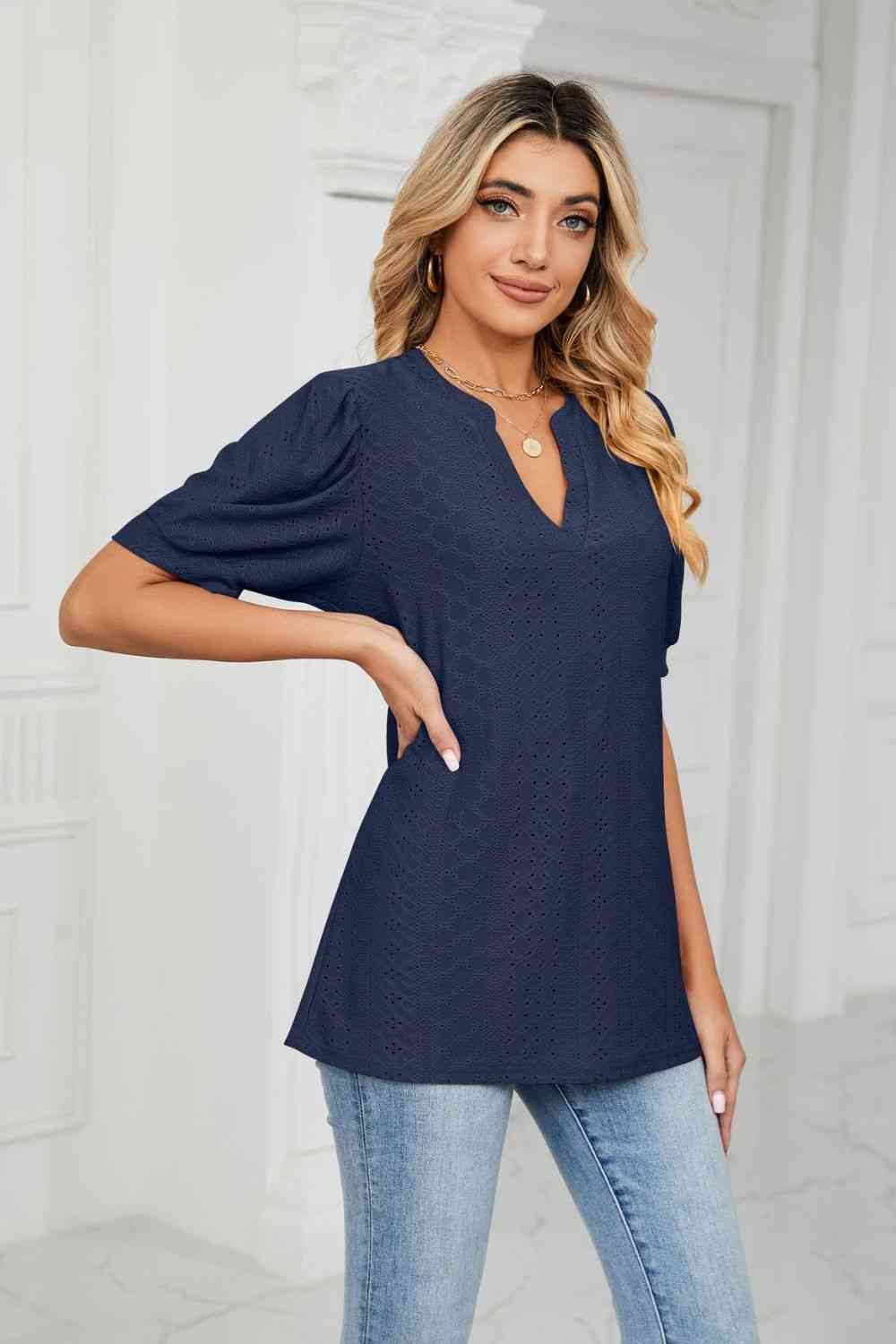Eyelet Short Puff Sleeve Notched Neck Top (12 Colors) Krazy Heart Designs Boutique