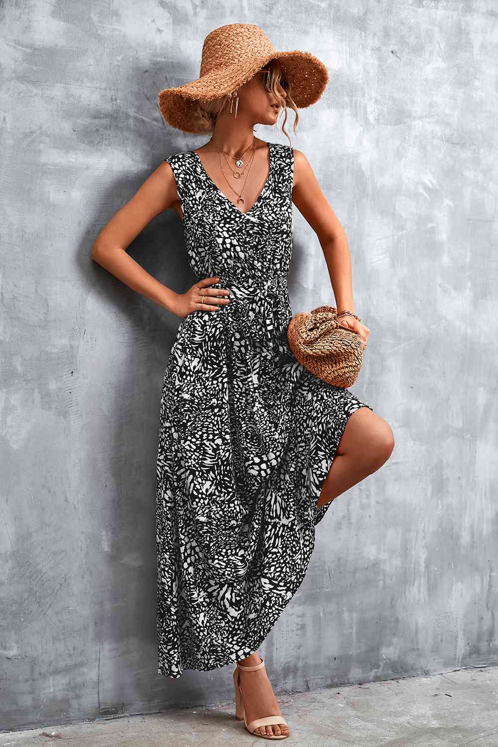 Printed V-Neck Tie Waist Maxi Dress (3 Colors) Krazy Heart Designs Boutique