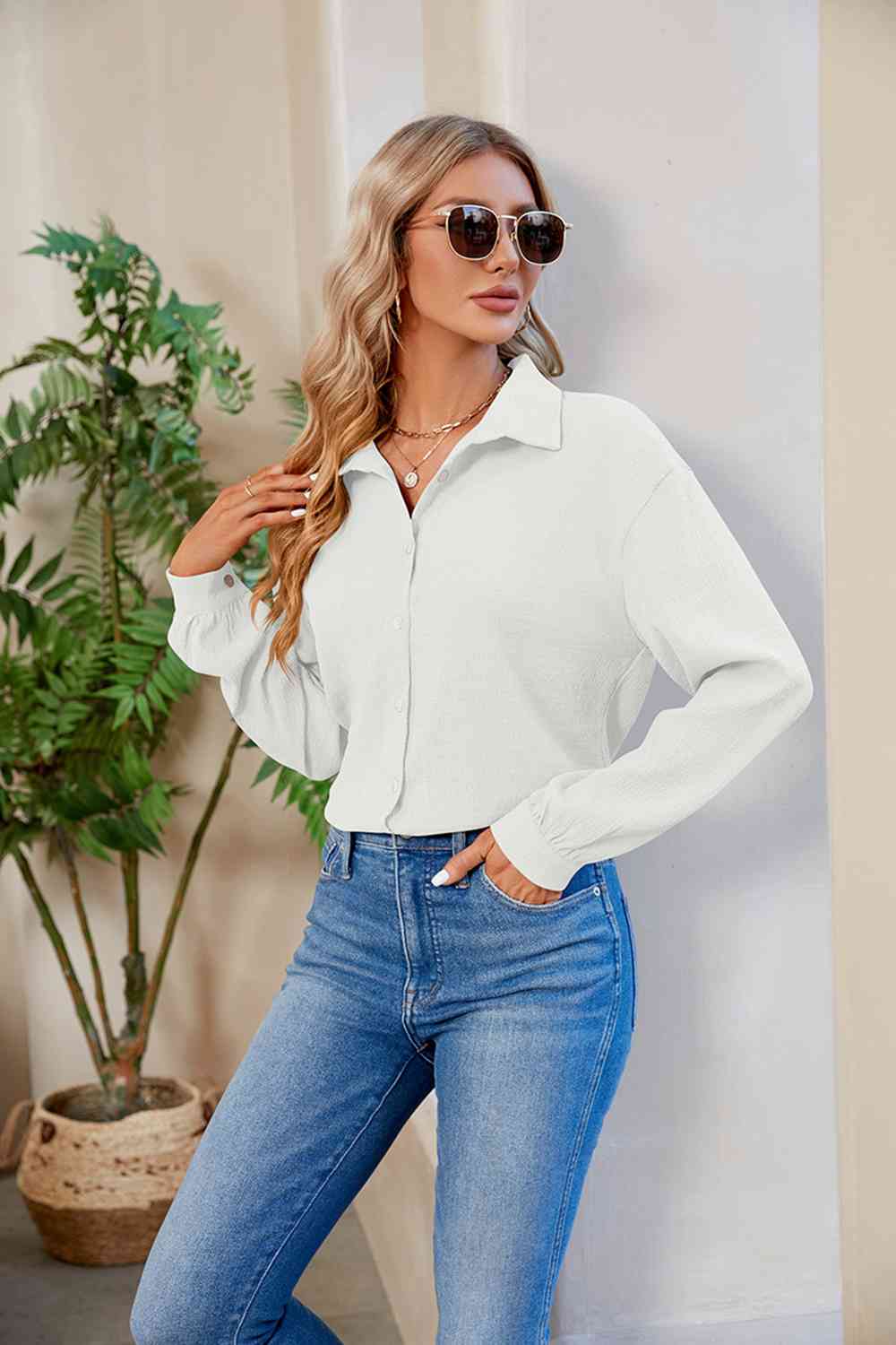 Collared Neck Buttoned Long Sleeve Shirt (4 Colors) Shirts & Tops Krazy Heart Designs Boutique
