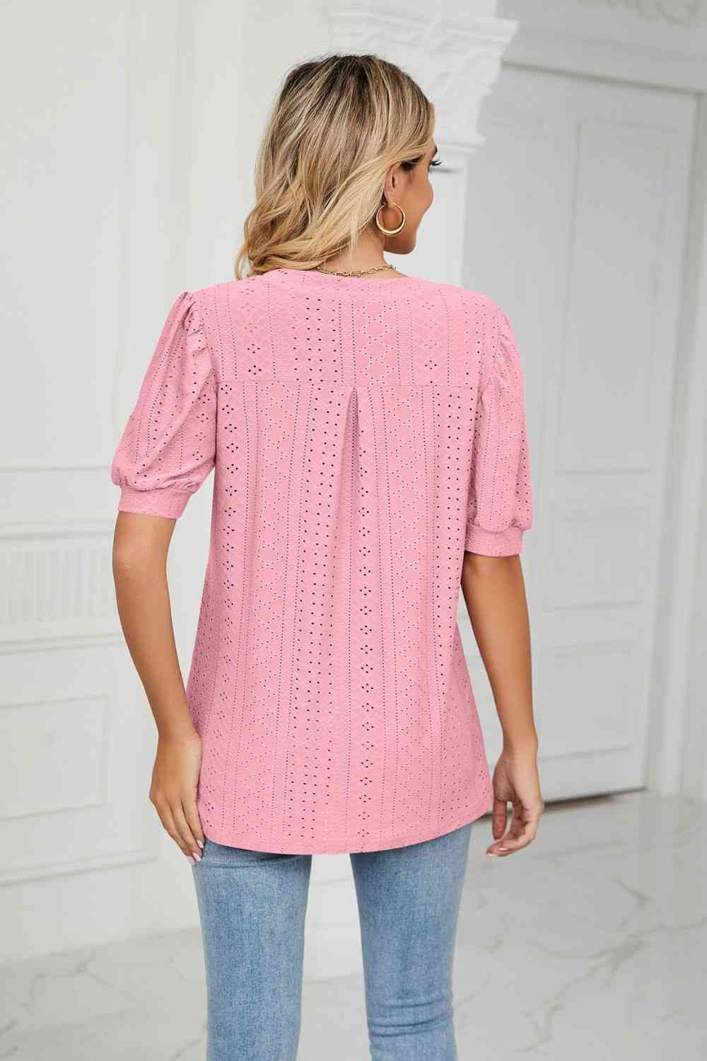 Eyelet Short Puff Sleeve Notched Neck Top (12 Colors) Krazy Heart Designs Boutique