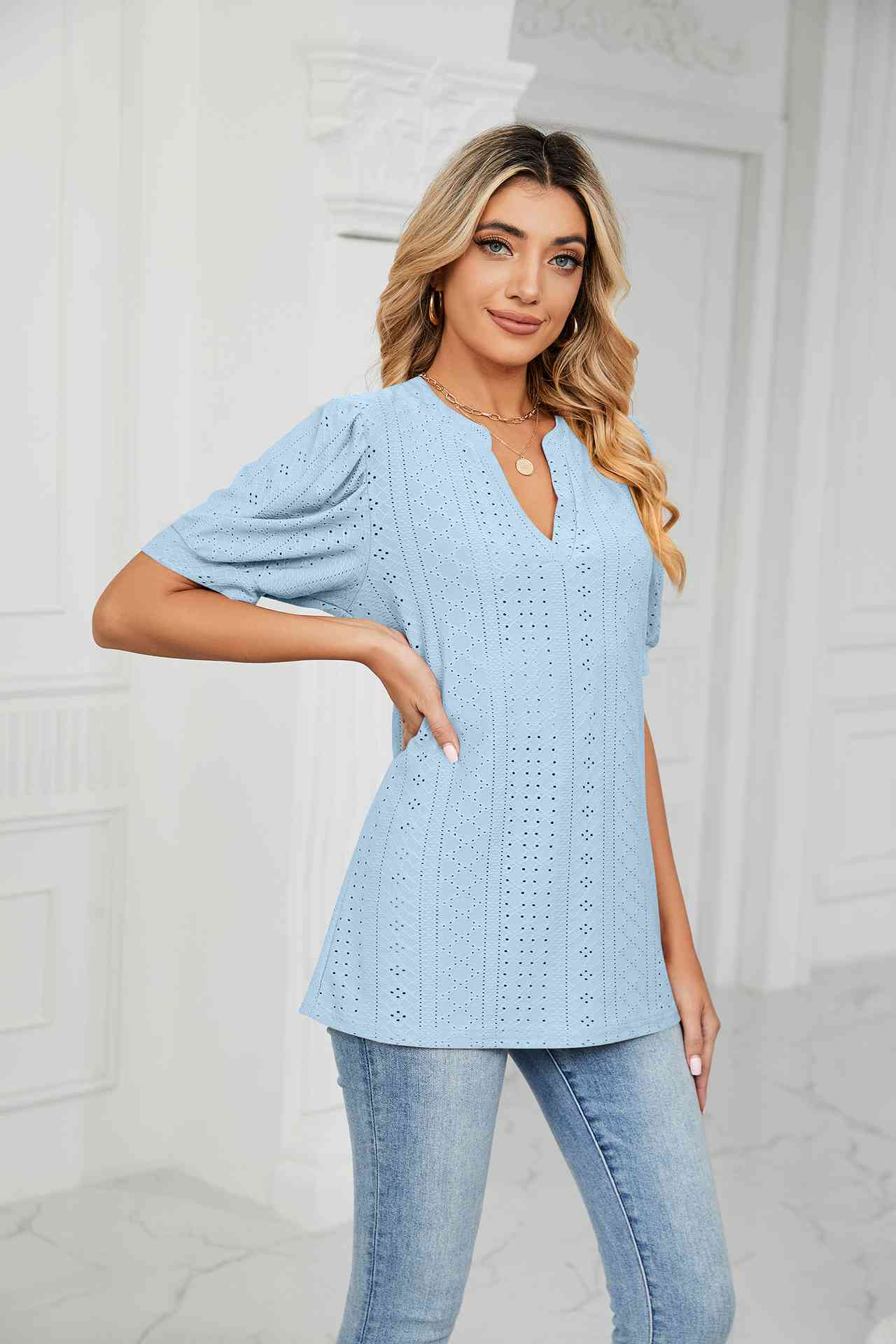 Eyelet Short Puff Sleeve Notched Neck Top (12 Colors) Krazy Heart Designs Boutique Blue S