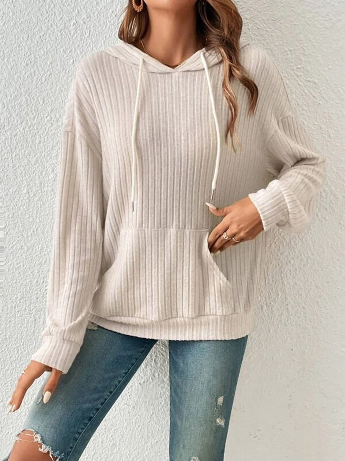Ribbed Dropped Shoulder Drawstring Hoodie (4 Colors) Krazy Heart Designs Boutique
