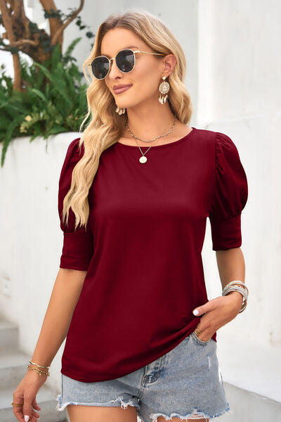 Round Neck Lantern Sleeve Blouse (6 Colors) Shirts & Tops Krazy Heart Designs Boutique Wine S