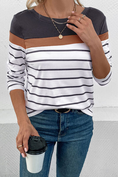 Striped Round Neck Long Sleeve Top (4 Colors) Shirts & Tops Krazy Heart Designs Boutique