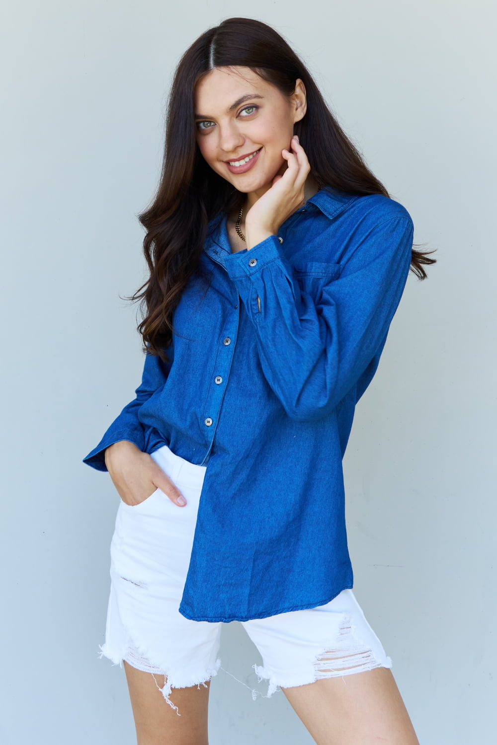 Doublju Blue Jean Baby Denim Button Down Shirt Top in Dark Blue Krazy Heart Designs Boutique