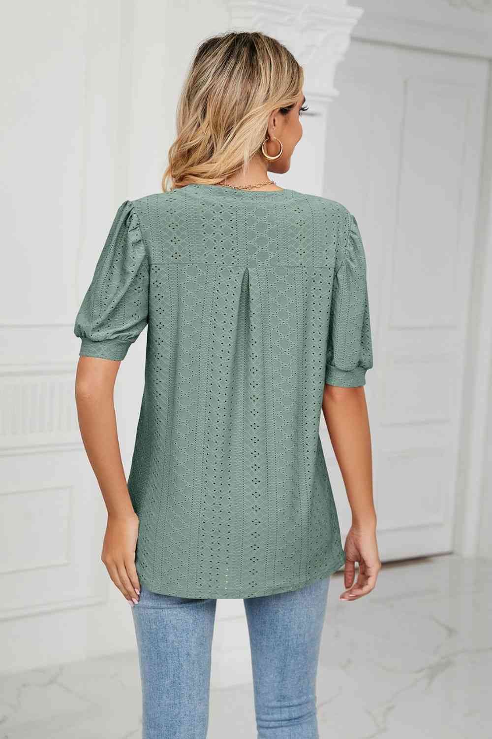 Eyelet Short Puff Sleeve Notched Neck Top (12 Colors) Krazy Heart Designs Boutique