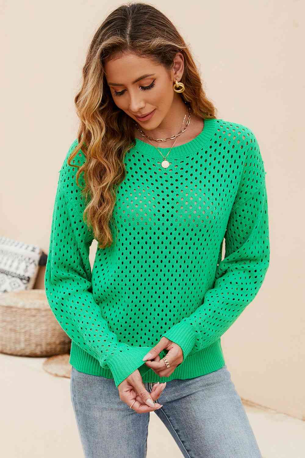Round Neck Openwork Dropped Shoulder Knit Top Krazy Heart Designs Boutique