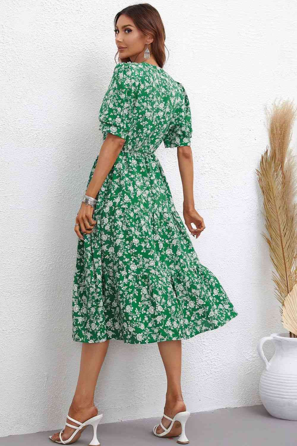 Floral Tie Waist Puff Sleeve Midi Dress (2 Colors) Krazy Heart Designs Boutique