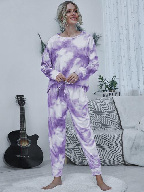 Tie-dye Round Neck Top and Drawstring Pants Set (4 Colors) Outfit Sets Krazy Heart Designs Boutique Lavender S