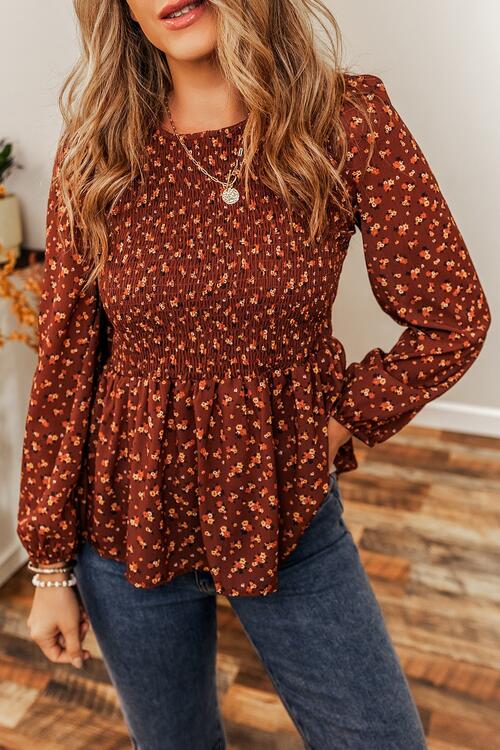 Floral Smocked Ruffle Hem Long Sleeve Blouse Shirts & Tops Krazy Heart Designs Boutique