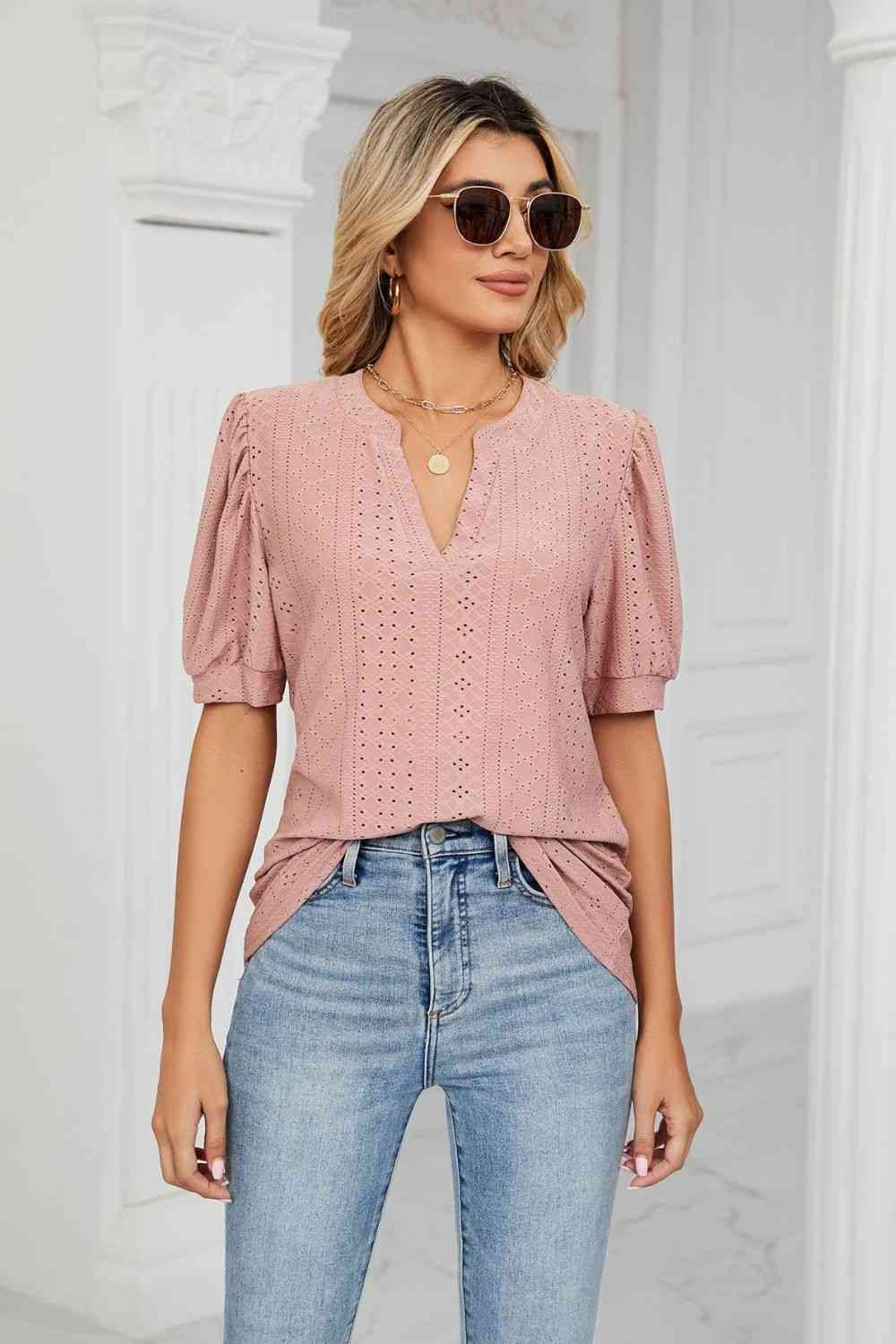 Eyelet Short Puff Sleeve Notched Neck Top (12 Colors) Krazy Heart Designs Boutique