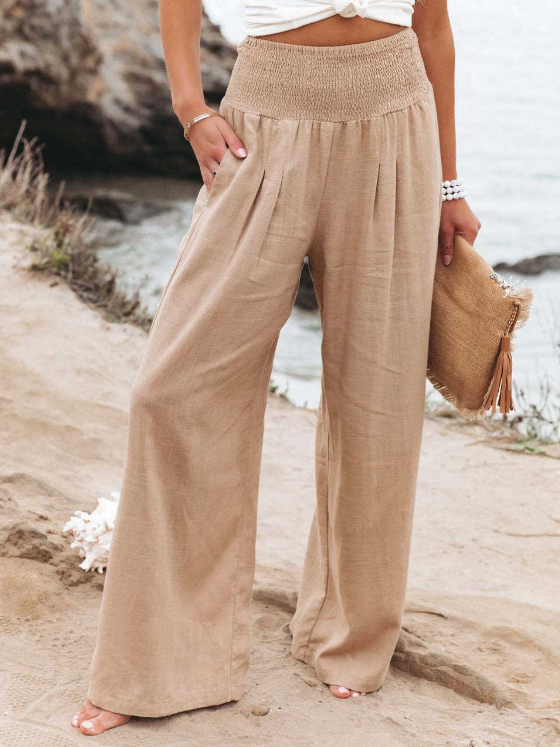 Full Size Smocked Waist Wide Leg Pants Krazy Heart Designs Boutique Dust Storm S