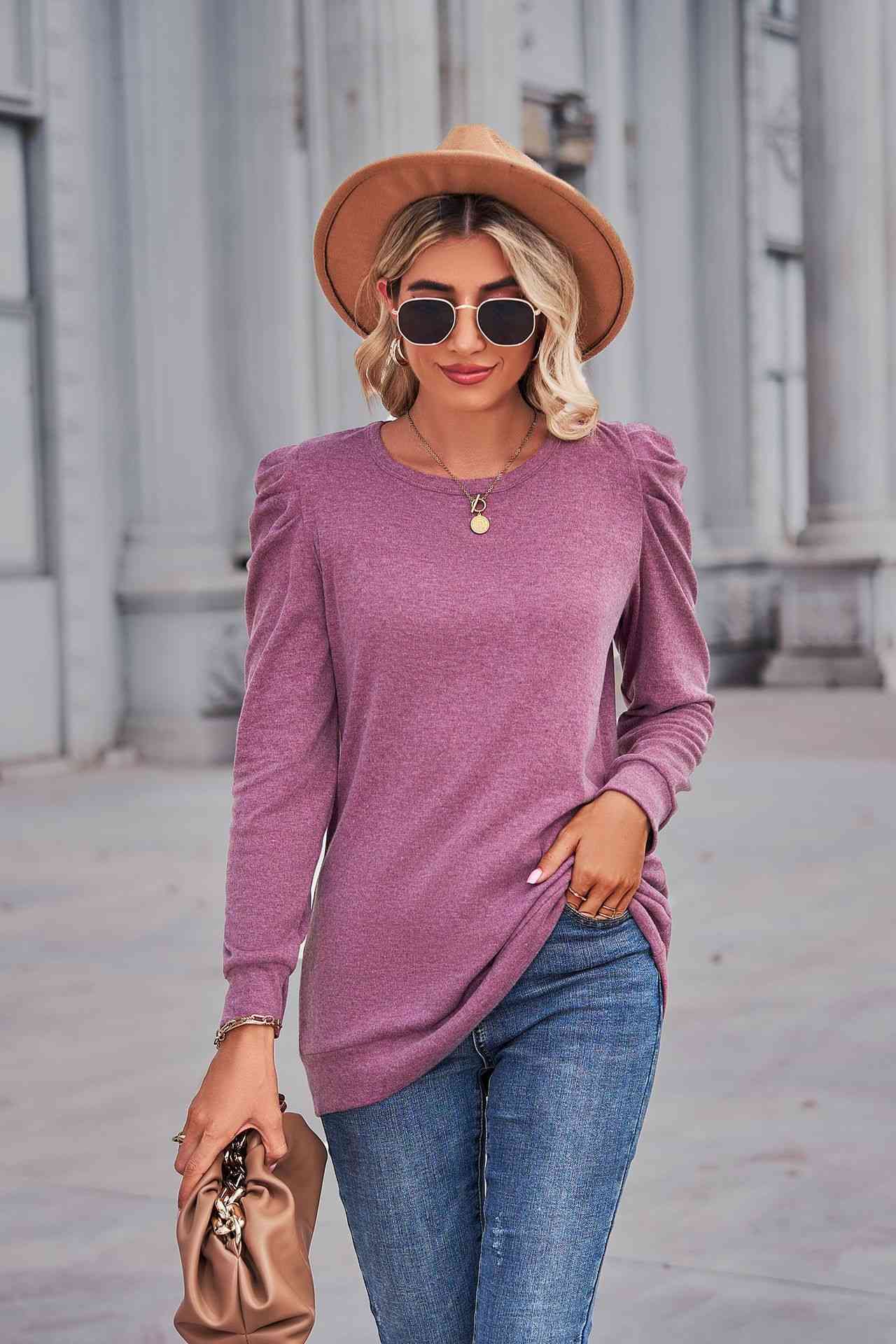 Heathered Puff Sleeve Round Neck Tunic Top (6 Colors) Krazy Heart Designs Boutique Purple S